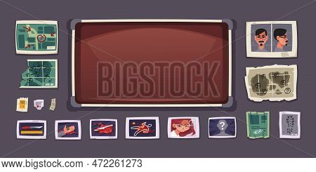 Investigation Board Set. Police Workplace With Evidence, Detective Pinboard With Information Suspect