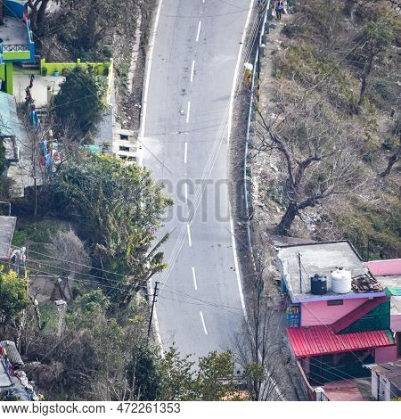 Aerial Top View Of Traffic Vehicles Driving At Mountains Roads At Nainital, Uttarakhand, India, View