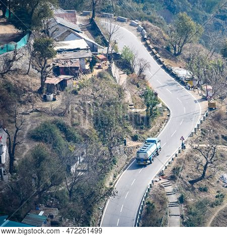 Aerial Top View Of Traffic Vehicles Driving At Mountains Roads At Nainital, Uttarakhand, India, View