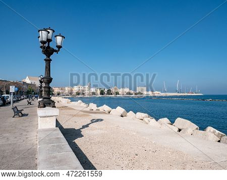 Waterfront Of Lungomare Imperatore Augusto Street In Bari, Italy With A Black Streetlamp