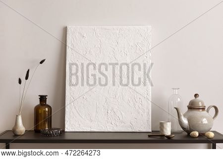 Modern Composition Of Living Room Interior With Mock Up Poster Frame, Black Consola, Vase With Dried