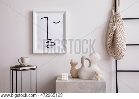 Aesthetic Interior Of Living Room With Mock Up Poster Frame, White Wall, Coffee Table, Vase With Dri