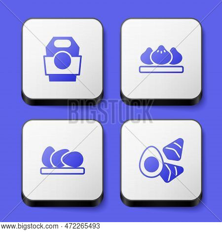 Set Asian Noodles In Paper Box, Dumpling, Chicken Egg And With Vegerables Icon. White Square Button.