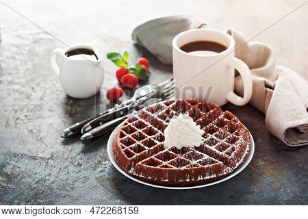 Red Velvet Waffles With Whipped Cream For Breakfast