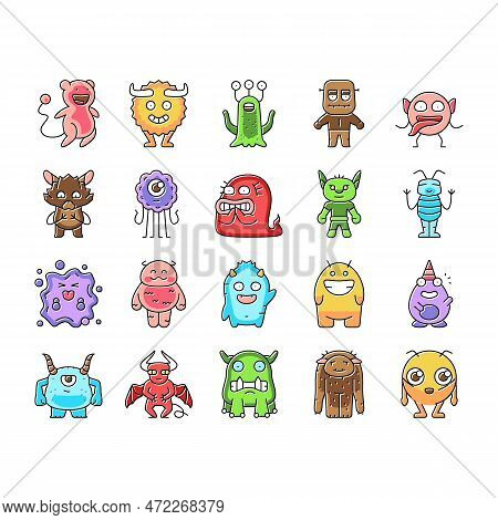 Monster Funny Cute Alien Icons Set Vector. Animal Halloween, Happy Face, Comic Creature, Devil Scary