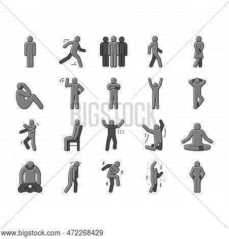 Stickman Man People Silhouette Icons Set Vector. Pictogram Human, Stick Person, Figure Posture, Body