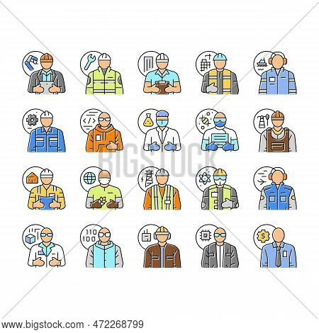 Engineer Technology Work Man Icons Set Vector. Engineering Worker, Mechanical Industry, Gear Constru