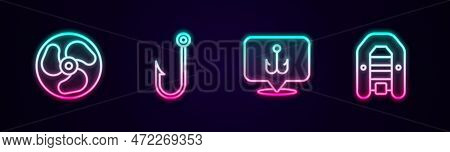 Set Line Outboard Boat Motor, Fishing Hook, And Inflatable With. Glowing Neon Icon. Vector