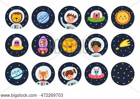 Cute Stickers Collection With Space Characters. Space Labels With Boys And Girls Astronauts, Animals