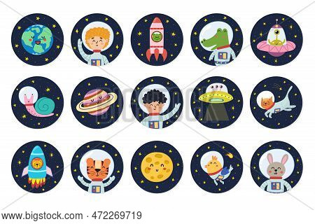 Stickers Collection With Cute Space Characters. Space Badges With Kids Astronauts, Animals