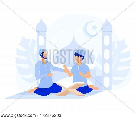 Muslim Father And Son Studying Quran, With Mosque Background, Flat Vector Modern Illustration