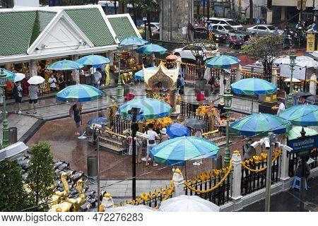 Bangkok, Thailand- 15 Feb, 2023: People Visit To Erawan Shrine To Pray For Luck And Fortune. Erawan 