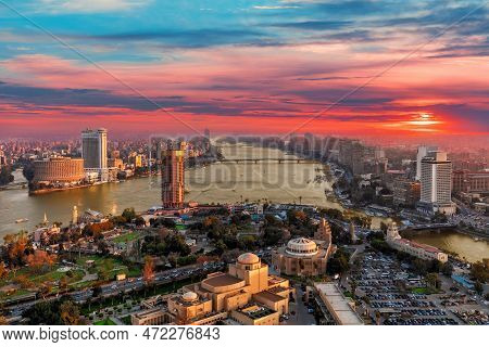 Cairo Downtown, Gezira Island And The Nile River, Aerial View From The Tower, Egypt