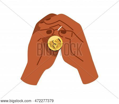 Saving Money Concept. Frugal Thrifty Hands Holding, Keeping Dollar Coin In Palms. Financial Economic