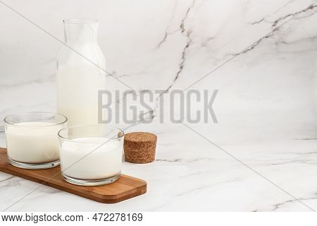 Lactose Free Yogurt, Kefir, Fermented Milk On A Light Background. Healthy, Clean Eating. Vegan Or Gl