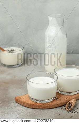 Lactose Yogurt. Probiotic Cold Fermented Dairy Drink. Vertical Image. Top View. Place For Text,