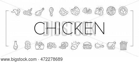 Chicken Crispy Food Meat Meal Icons Set Vector. Fast Delicious, Wing Fried, Snack Crunchy, Leg Cooke