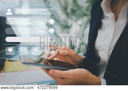 Person Use Customer Service And Support Live Chat With Chatbot And Automatic Messages, Artificial In