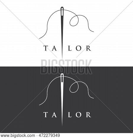 Tailor Silhouette Logo With Needle, Thread, Benik And Sewing Machine Markings. Logo Design For Tailo