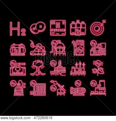Hydrogen Industry Neon Light Sign Vector. Hydrogen Eco Energy Industrial Plant And Manufacturing Fac