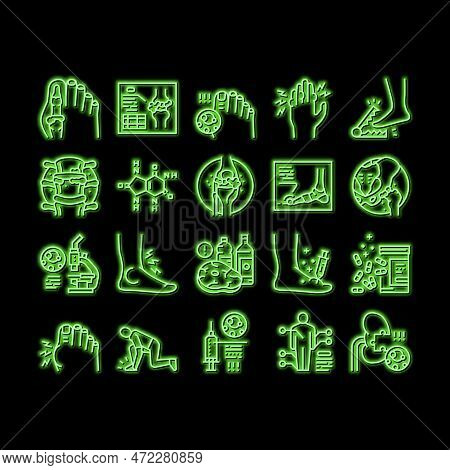 Gout Health Disease Neon Light Sign Vector. Ridge And Articular Cartilage Gout, X-ray Radiograph And