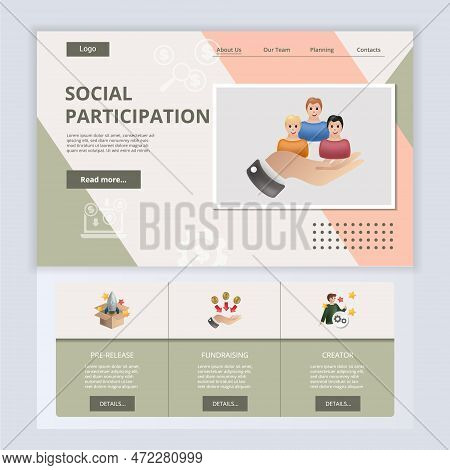 Social Participation Flat Landing Page Website Template. Pre-release, Fundraising, Creator. Web Bann