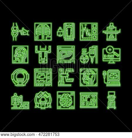 Radiology Equipment Neon Light Sign Vector. Mri And Ultrasound, Ct Scan And Fluoroscope Radiology Ho