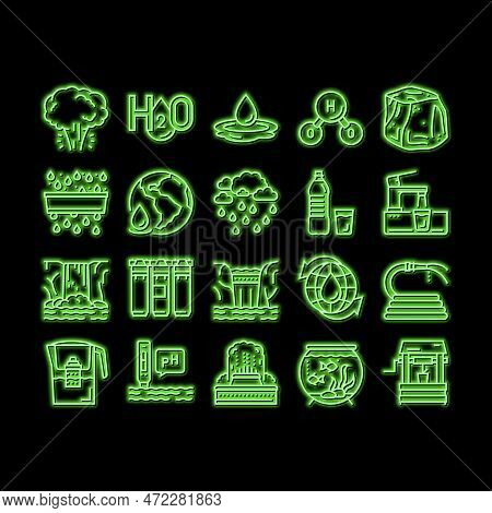 Water Purification Neon Light Sign Vector. Filter And Purifying Equipment, Bottle And Cup, Ocean And