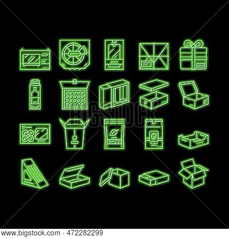 Box Carton Container Neon Light Sign Vector. Sushi Delivering And Pizza, Box For Tea And Coffee, Mob