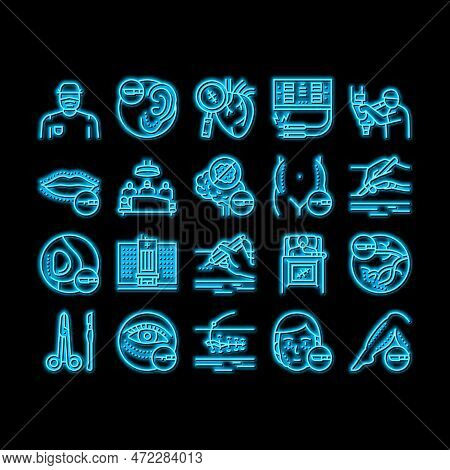 Surgery Medicine Clinic Operation Neon Light Sign Vector. Lips And Facial Plastic Surgery, Liposucti