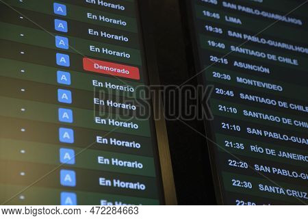 Buenos Aires, Argentina, November 18, 2022: Screen With Information On International Flight Departur