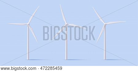 Wind Turbine Front And Angle View. Alternative Renewable Power Generation, Green Energy Concept, Iso