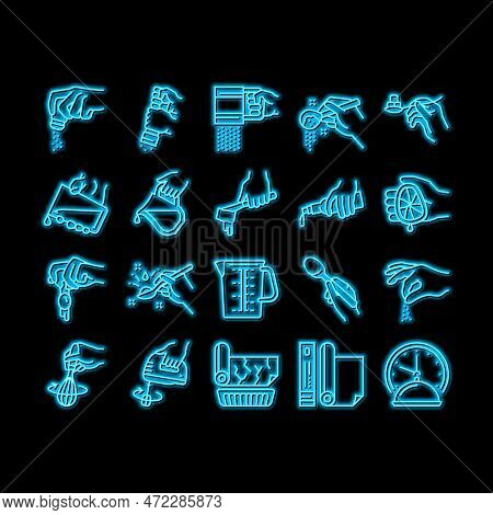 Cook Instruction For Prepare Meal Neon Light Sign Vector. Butter And Milk Add, Salt And Pepper Flavo