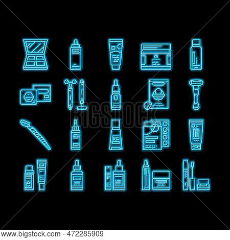 Cosmetics For Visage Skin Treat Neon Light Sign Vector. Eyeshadow Palette And Face Oil, Solid Shampo