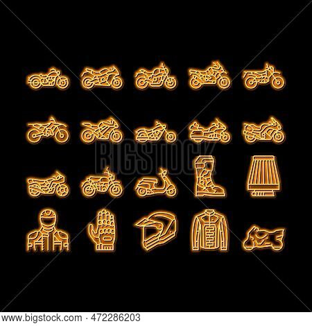 Motorcycle Bike Transport Types Neon Light Sign Vector. Dirtbike And Cruiser, Dual Sport Enduros And