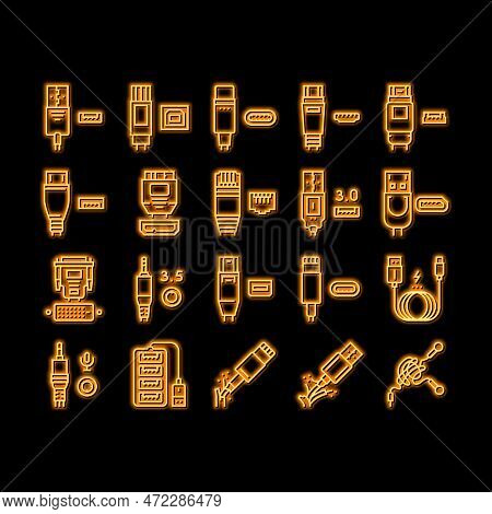 Usb Cable And Port Purchases Neon Light Sign Vector. 3.0 Usb Cable And Dp Displayport, Tangle Earpho
