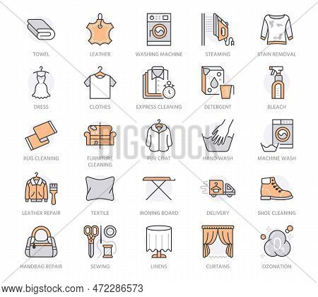 Dry Cleaning, Laundry Line Icons. Launderette Service Washing Machine, Clothes Shoe And Leaher Repai