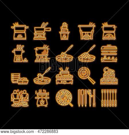 Fondue Cooking Delicious Meal Neon Light Sign Vector. Cheese And Chocolate Tasty Dish Prepared In Wa