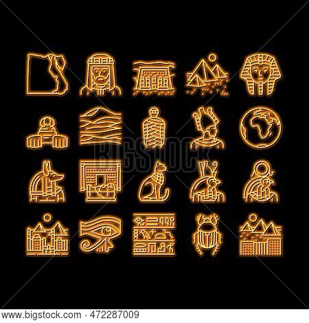 Egypt Country Monument Excursion Neon Light Sign Vector. Egypt Pyramid And Sphinx Antique Constructi