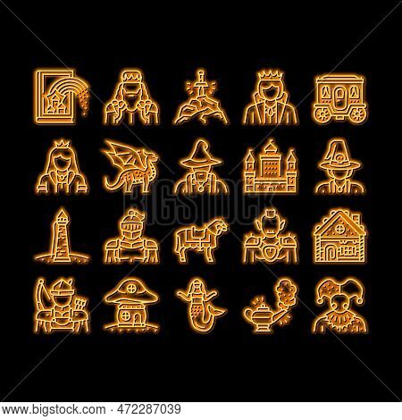 Fairy Tale Magical Story Book Neon Light Sign Vector. Fairy Tale Witch And Goblin, Kingdom Castle Bu