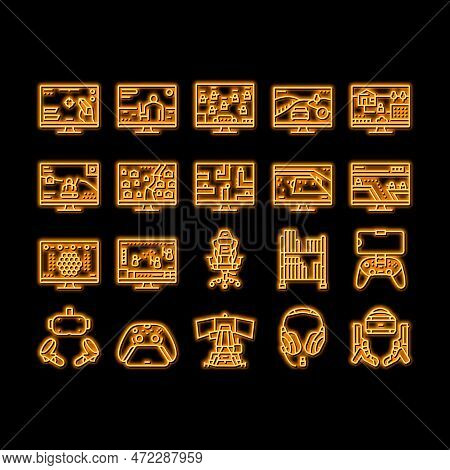 Video Game Electronic And Device Neon Light Sign Vector. Racing Simulator And Simulation, Action And