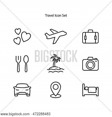 Travel Icon Set Include Image Like Heart, Airplane, Eating, Cutlery, Tree, Beach, Camera , Taxi Car,