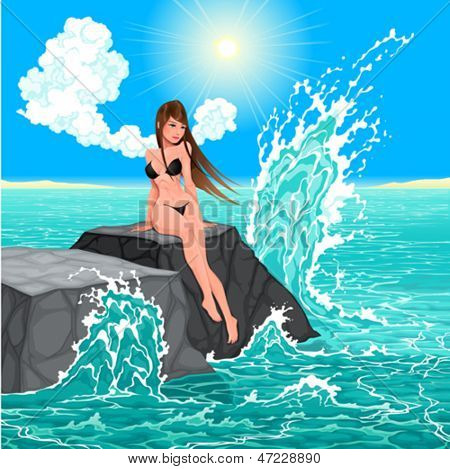 Linda mulher e o mar. Ilustração vetorial