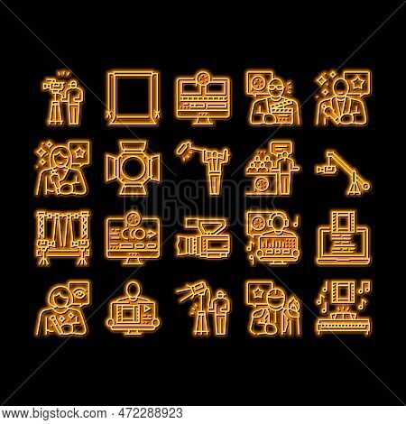 Video Production Film Studio Neon Light Sign Vector. Movie Camera, Media Studio, Digital Profession 