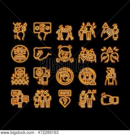 Violence First Aggressive Hand Neon Light Sign Vector. Anger Conflict, Aggression Human Fight, Man P