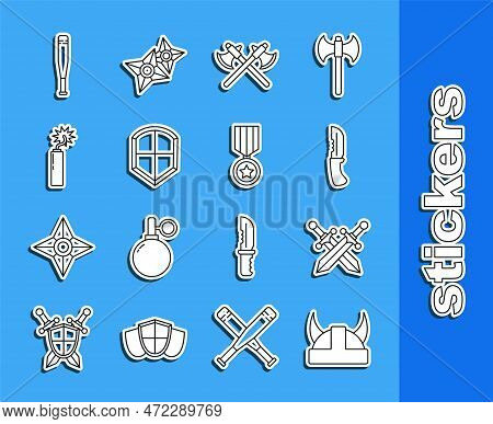 Set Line Viking In Horned Helmet, Crossed Medieval Sword, Military Knife, Axes, Shield, Dynamite Bom