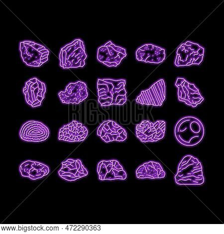 Stone Rock Texture Nature Neon Light Sign Vector. Surface Grey, White Mountain, Landscape Marble, Ga