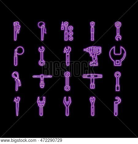 Wrench Tool Spanner Repair Neon Light Sign Vector. Work Maintenance, Workshop Key, Mechanic Equipmen
