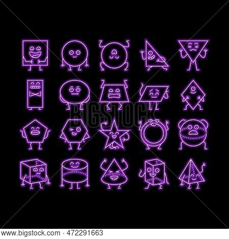 Geometric Shape Character Neon Light Sign Vector. Triangle Circle, Square Abstract, Cute Funny Recta