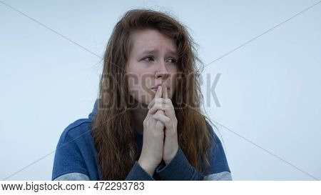 Portrait Of Sad Depressed Upset Young Desperate Woman, Crying Girl With Red Tearful Eyes With Tears.